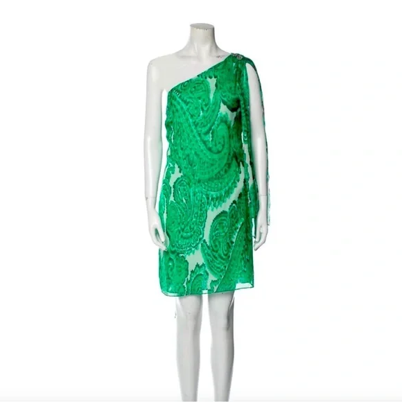 Milly | Dresses | Euc Milly One Shoulder Green Paisley Dress  Rhinestoneshoulder Detail Size 2 | Poshmark